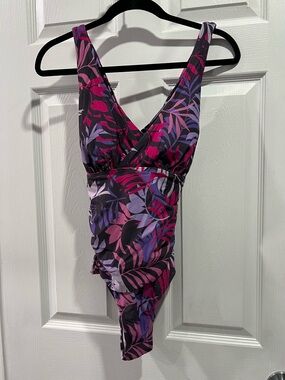 Eddie Bauer Floral Leaf One-Piece Swimsuit in Black, Pink & Purple